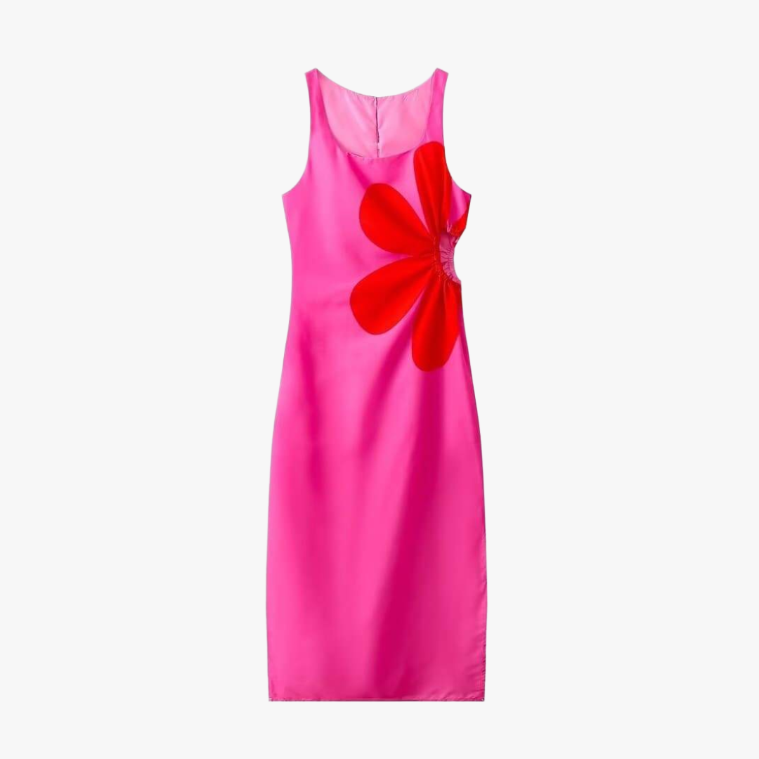 Women's Floral Midi Dress – Pink/Navy, Square Neckline, Fitted, Side Slit-80919-5c9cd711-8787-48af-b9d1-3b0c228d61b9
