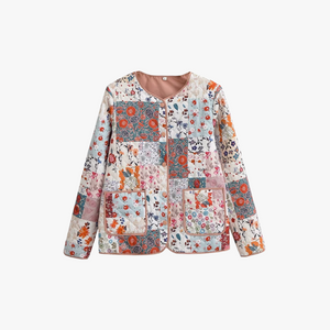 Women's Quilted Jacket – White Floral Patchwork, Wide Sleeve, Cotton Blend-80921-8ef20eb2-1965-4984-a4d9-db9fa56453da