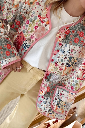 Women's Quilted Jacket – White Floral Patchwork, Wide Sleeve, Cotton Blend-80921-9b2db1e1-ce44-4ddb-81b4-6249aa9c2519