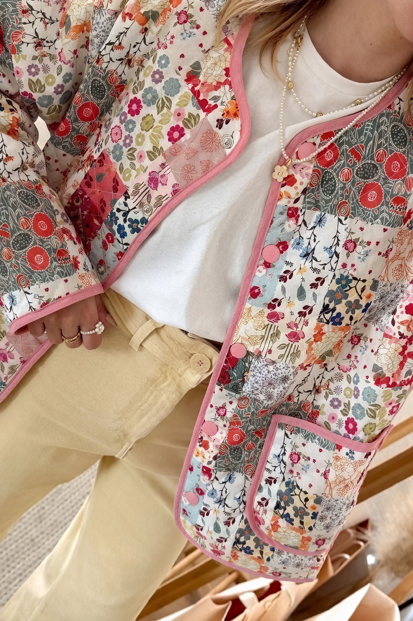 Women's Quilted Jacket – White Floral Patchwork, Wide Sleeve, Cotton Blend-80921-9b2db1e1-ce44-4ddb-81b4-6249aa9c2519
