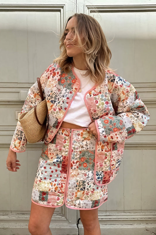 Women's Quilted Jacket – White Floral Patchwork, Wide Sleeve, Cotton Blend-80921-b07e1676-c380-462b-8c74-0ac6c82885a0