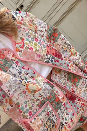 Women's Quilted Jacket – White Floral Patchwork, Wide Sleeve, Cotton Blend-80921-c20bafb6-4123-4a1c-b880-4a5d713f2522