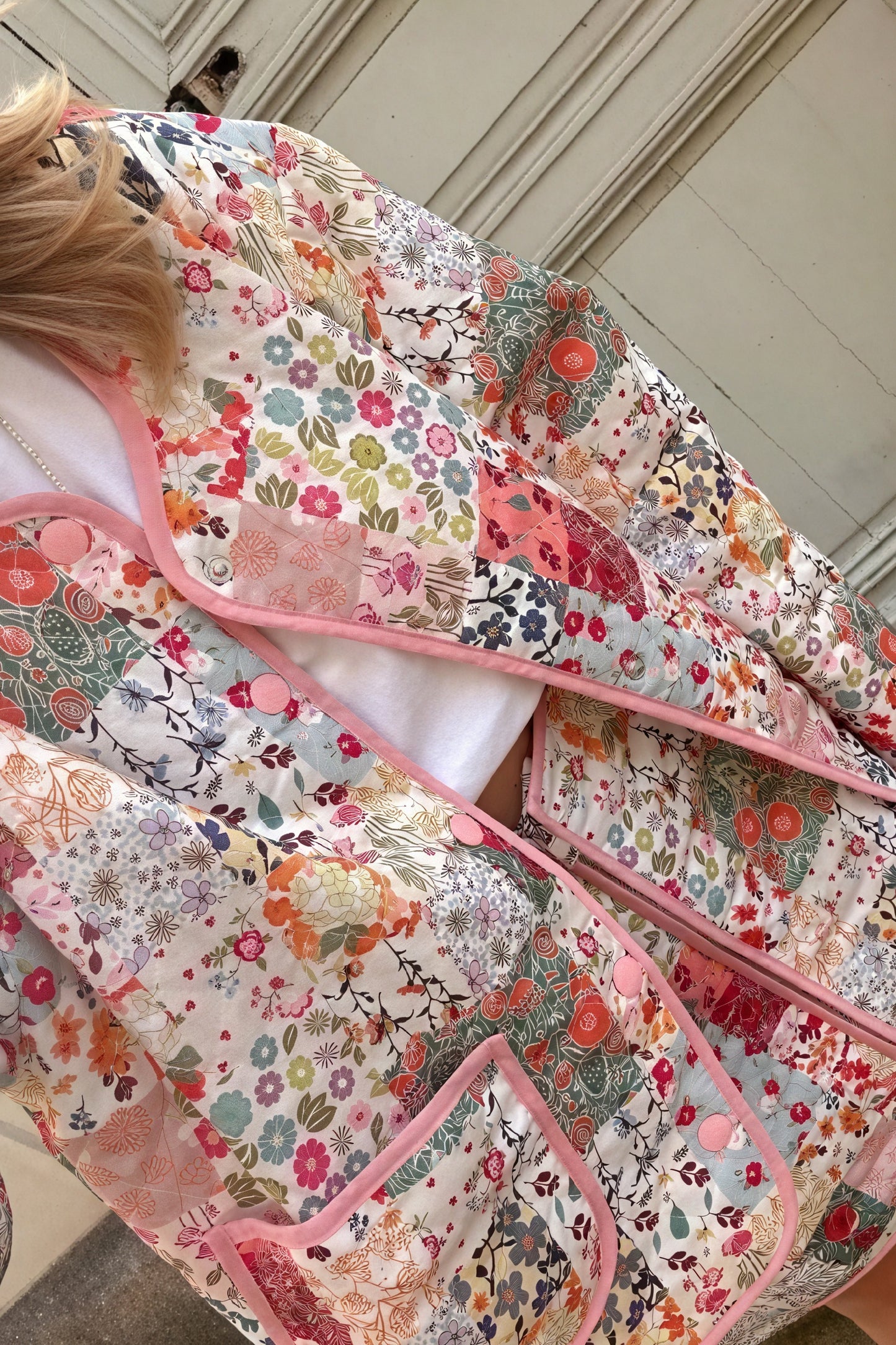 Women's Quilted Jacket – White Floral Patchwork, Wide Sleeve, Cotton Blend-80921-c20bafb6-4123-4a1c-b880-4a5d713f2522