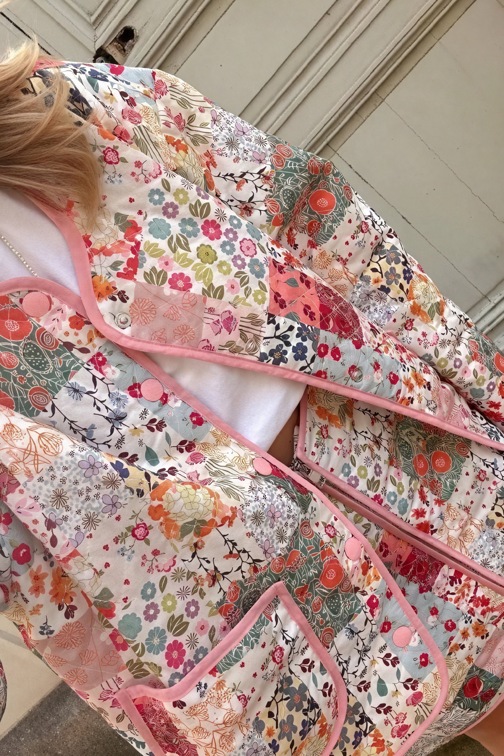 Women's Quilted Jacket – White Floral Patchwork, Wide Sleeve, Cotton Blend-80921-c20bafb6-4123-4a1c-b880-4a5d713f2522