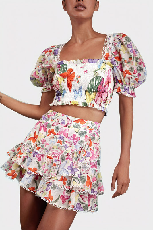Women's Two-Piece Crop Top & Mini Skirt Set – Yellow Floral Butterfly Smocked Puffed Sleeve Lace Trim Bohemian-80924-42fbe294-479a-43ff-9326-e06f7276f80e
