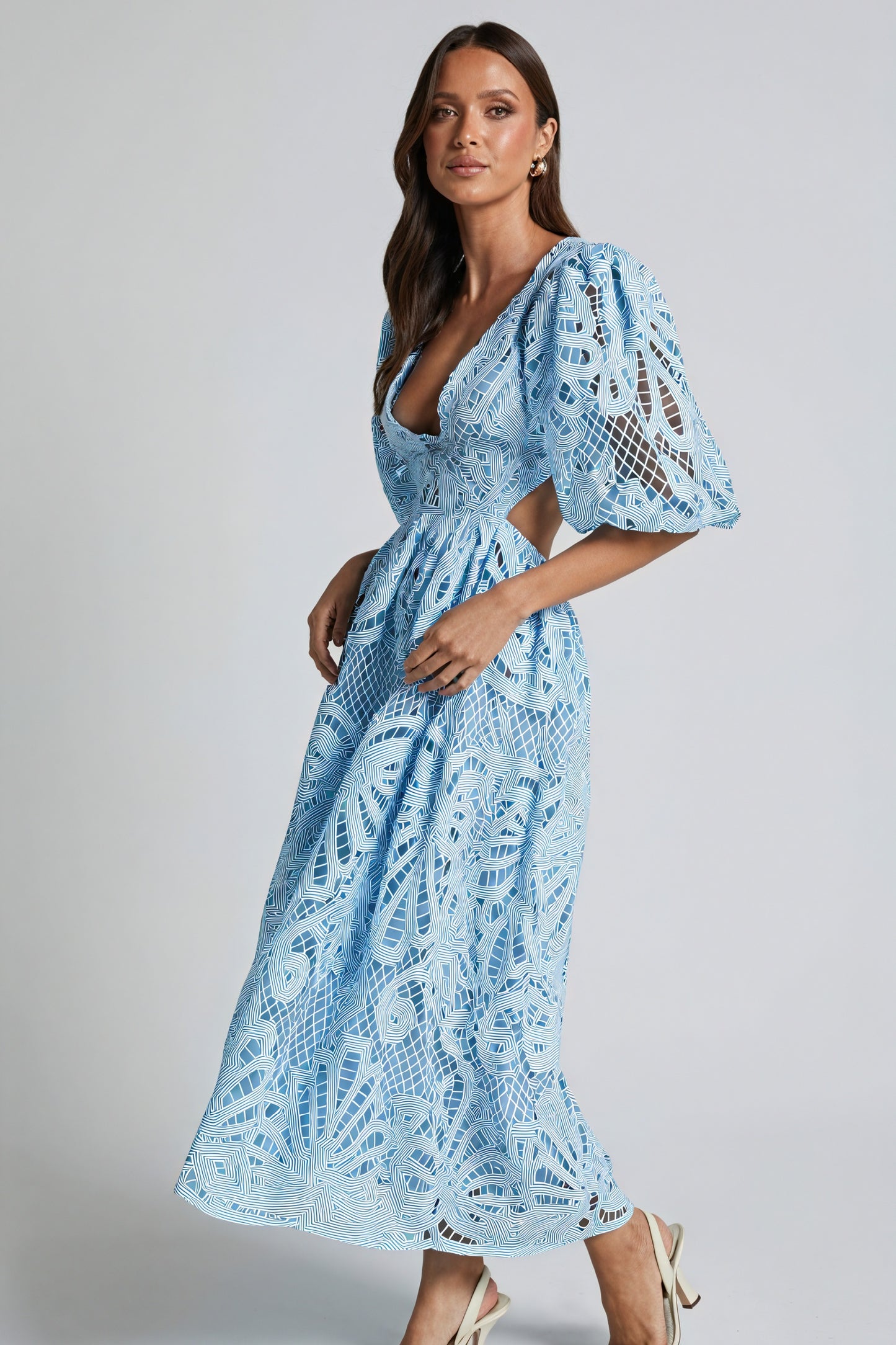 Women's Laser-Cut Lace Dress – Plunging V-Neck, Puffed Sleeves, Pink Yellow Blue-80926-dc872c54-20f2-4149-b522-e03cc6db3cb3