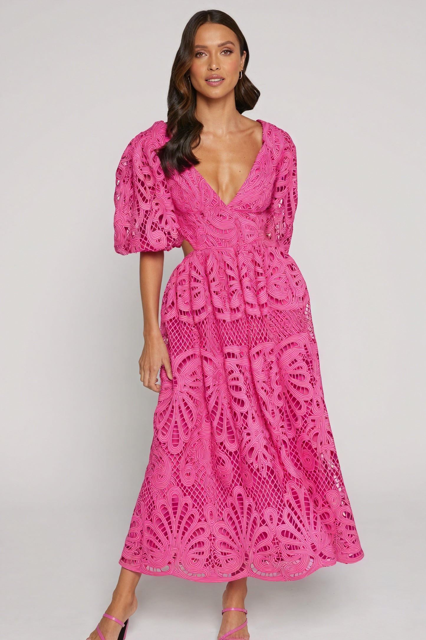 Women's Laser-Cut Lace Dress – Plunging V-Neck, Puffed Sleeves, Pink Yellow Blue-80926-bc243d60-ea63-4ff6-8d60-78ff99d387c8