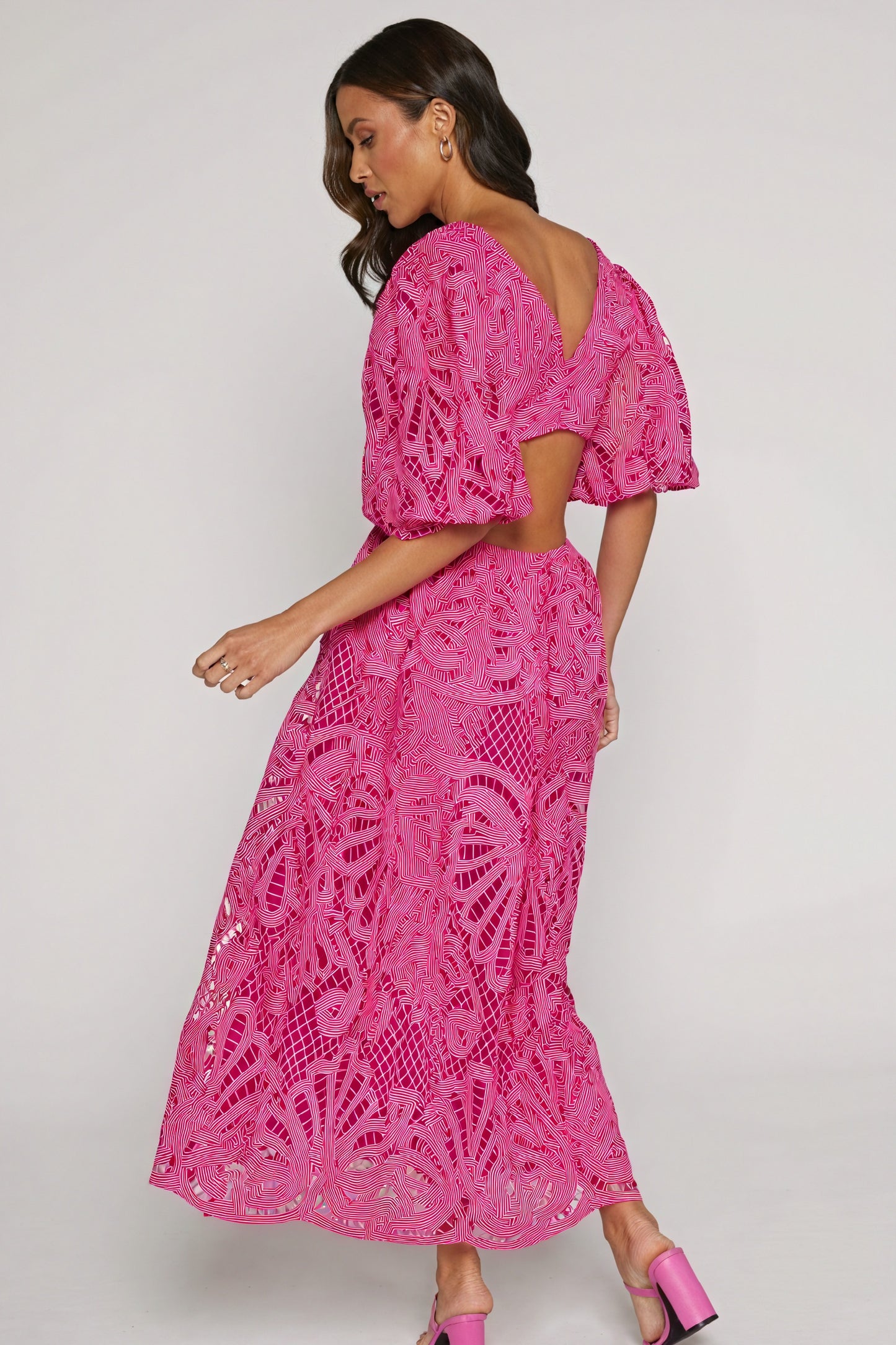 Women's Laser-Cut Lace Dress – Plunging V-Neck, Puffed Sleeves, Pink Yellow Blue-80926-91dc0c18-ea69-436d-a994-c521d08b462a