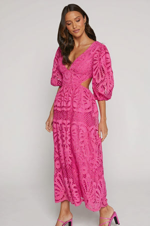 Women's Laser-Cut Lace Dress – Plunging V-Neck, Puffed Sleeves, Pink Yellow Blue-80926-ce487de2-1b6b-4108-a8c3-608ec6ef53d6