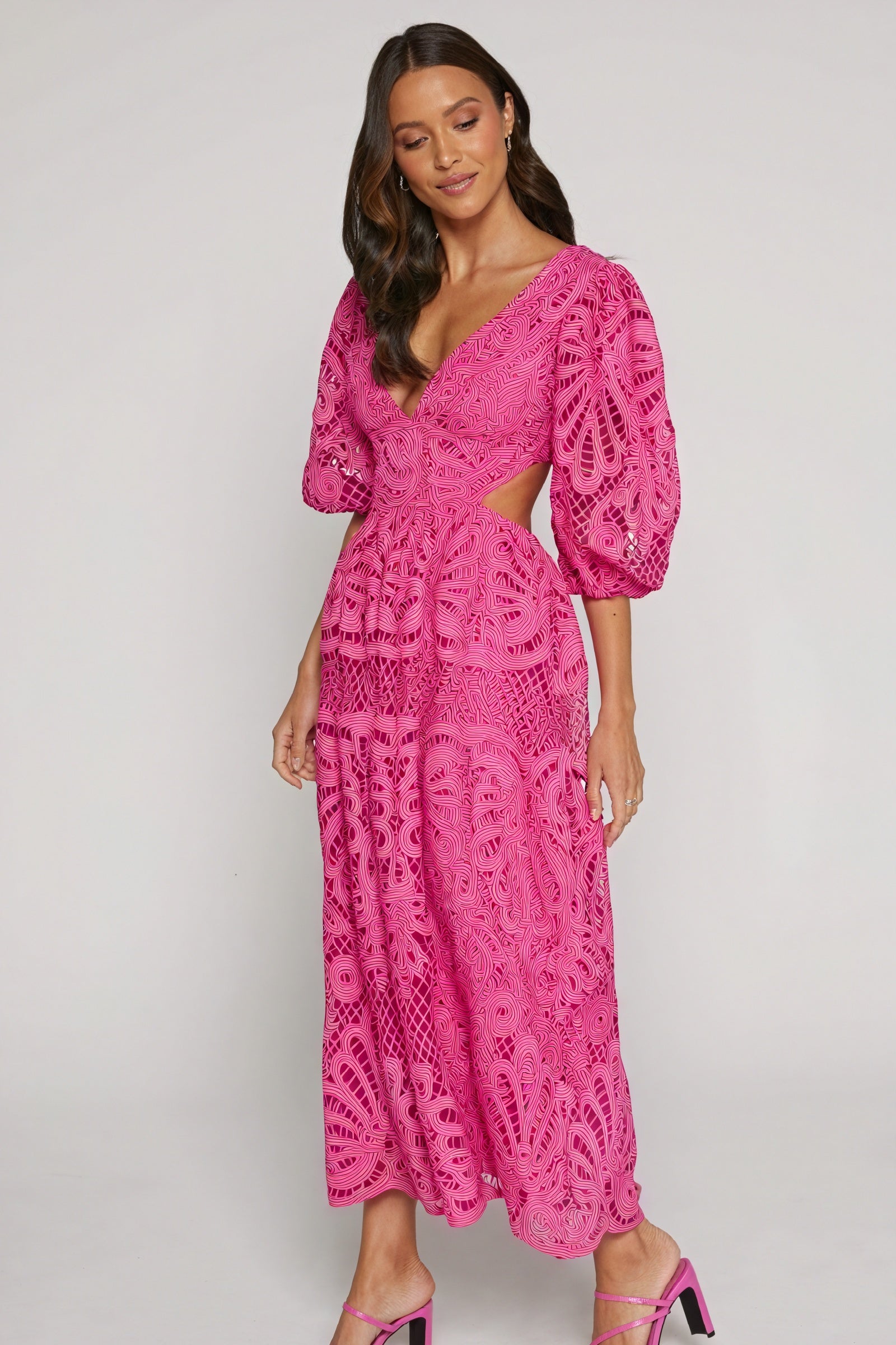 Women's Laser-Cut Lace Dress – Plunging V-Neck, Puffed Sleeves, Pink Yellow Blue-80926-ce487de2-1b6b-4108-a8c3-608ec6ef53d6