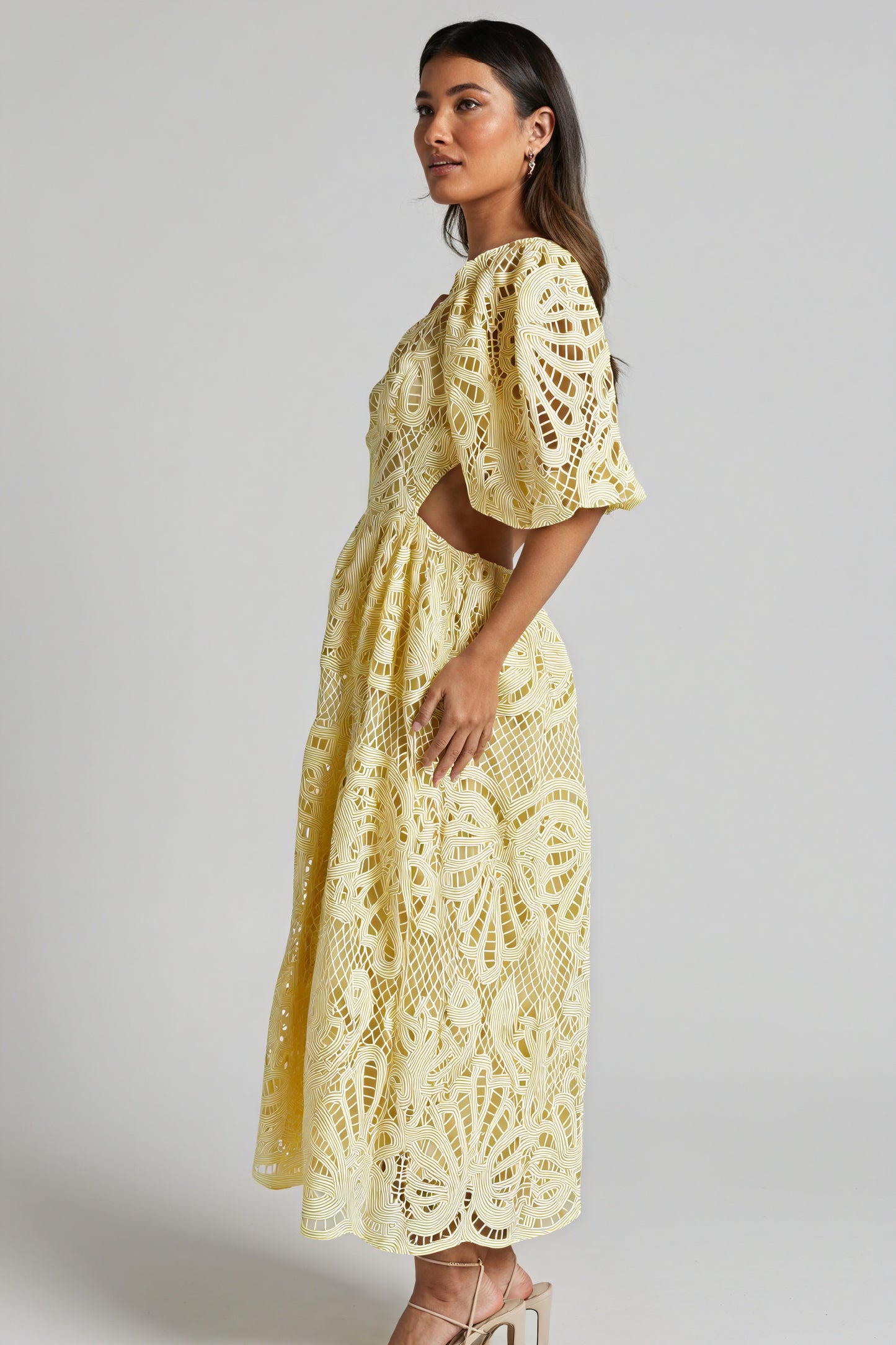 Women's Laser-Cut Lace Dress – Plunging V-Neck, Puffed Sleeves, Pink Yellow Blue-80926-dad9b5f3-3a06-4464-bc85-bd6fb9e2a435