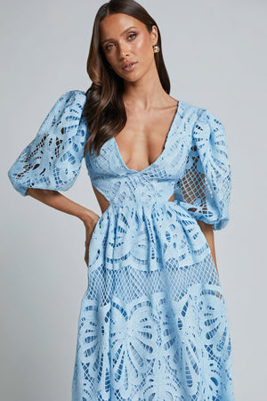 Women's Laser-Cut Lace Dress – Plunging V-Neck, Puffed Sleeves, Pink Yellow Blue-80926-1b19ce59-b09d-4b87-9806-1b79cd66375a