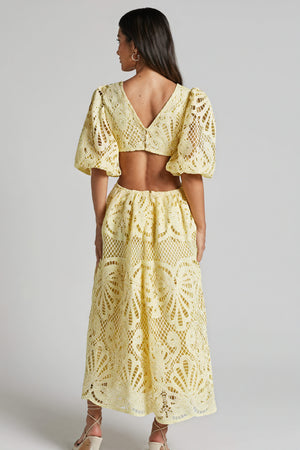 Women's Laser-Cut Lace Dress – Plunging V-Neck, Puffed Sleeves, Pink Yellow Blue-80926-70df3ffc-7e91-405d-a7ed-6d619d89e3e1