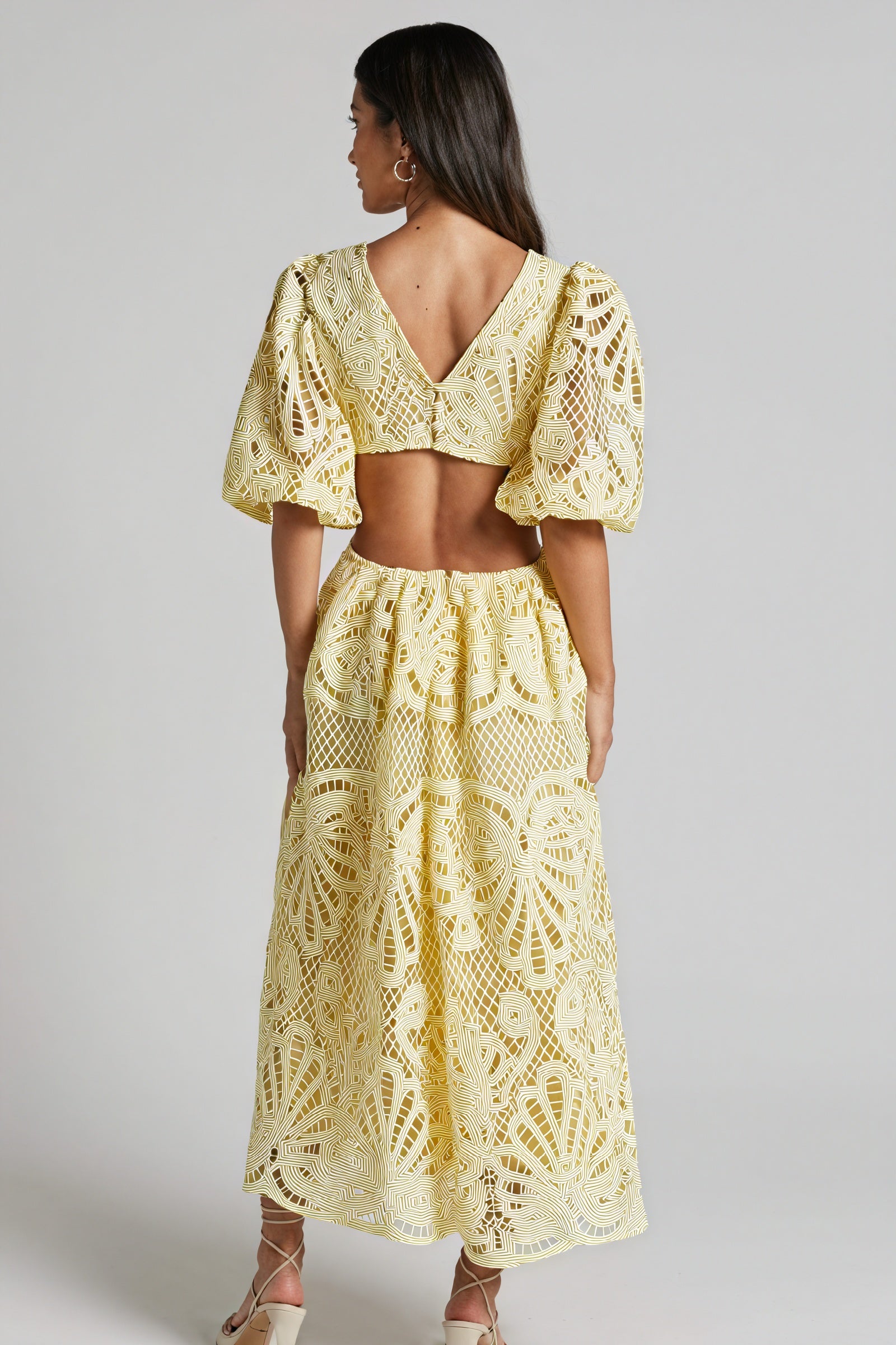 Women's Laser-Cut Lace Dress – Plunging V-Neck, Puffed Sleeves, Pink Yellow Blue-80926-70df3ffc-7e91-405d-a7ed-6d619d89e3e1