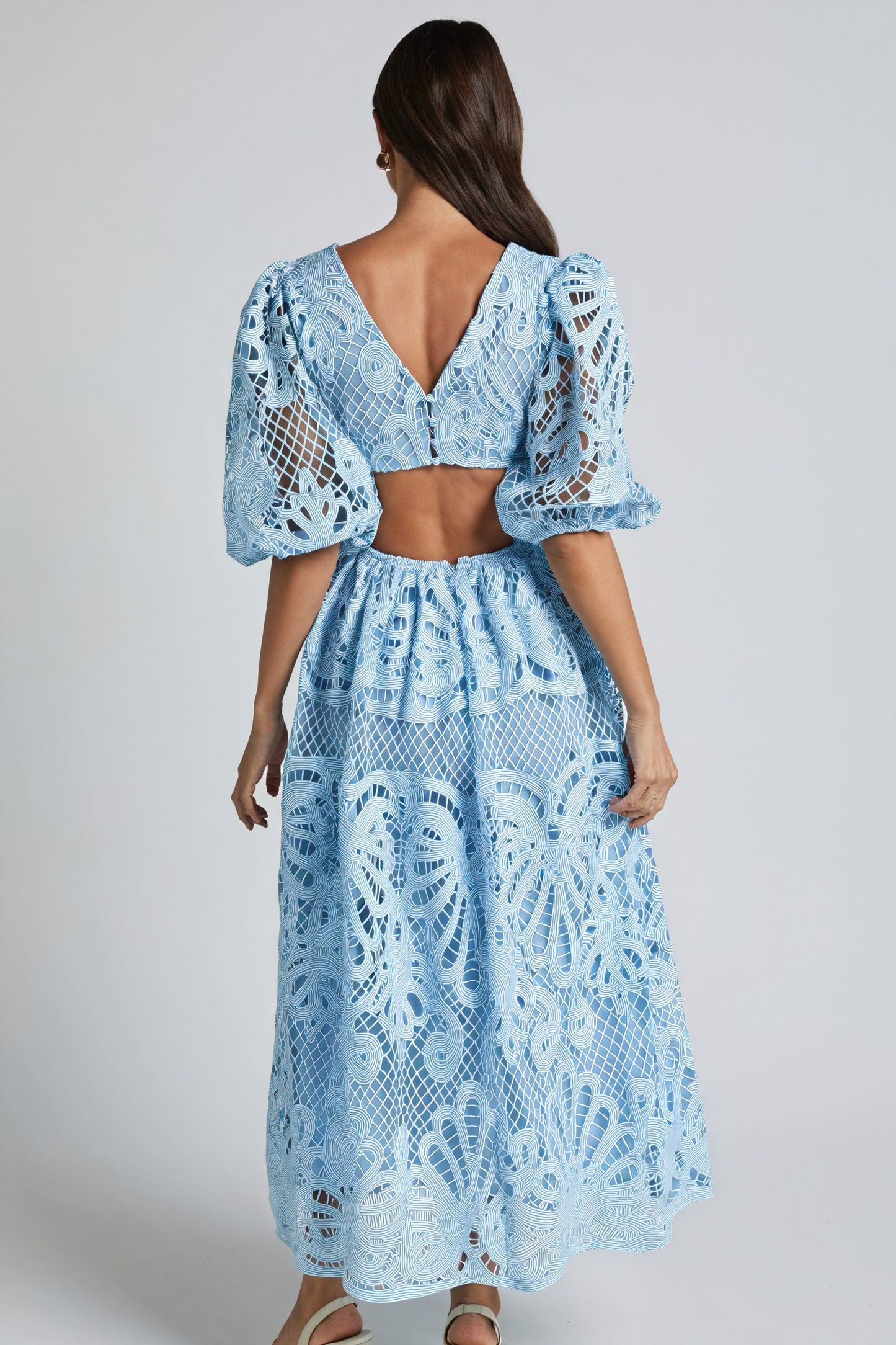 Women's Laser-Cut Lace Dress – Plunging V-Neck, Puffed Sleeves, Pink Yellow Blue-80926-2520b6d7-fe0e-42b6-9f7e-06eeaf3abe8b