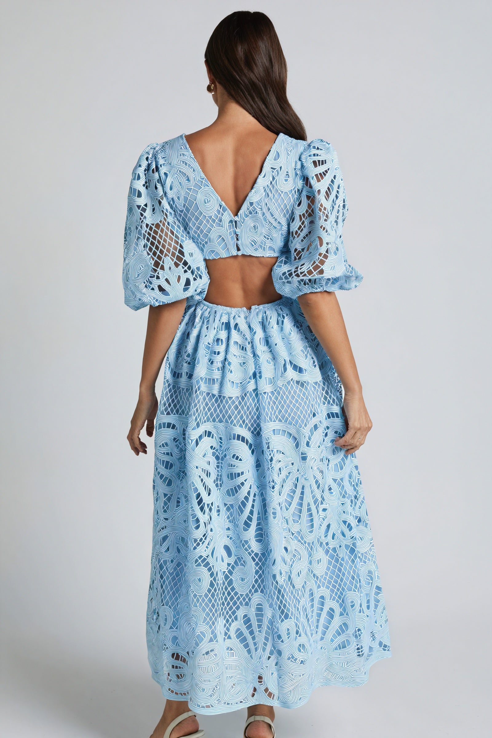 Women's Laser-Cut Lace Dress – Plunging V-Neck, Puffed Sleeves, Pink Yellow Blue-80926-2520b6d7-fe0e-42b6-9f7e-06eeaf3abe8b