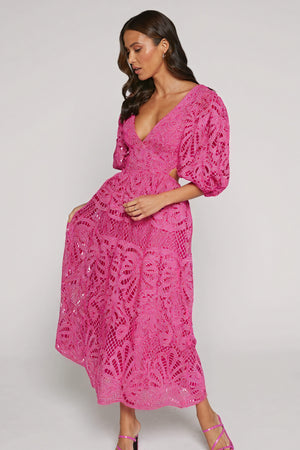 Women's Laser-Cut Lace Dress – Plunging V-Neck, Puffed Sleeves, Pink Yellow Blue-80926-79357e11-6e69-4488-ace6-dbd4c8974935