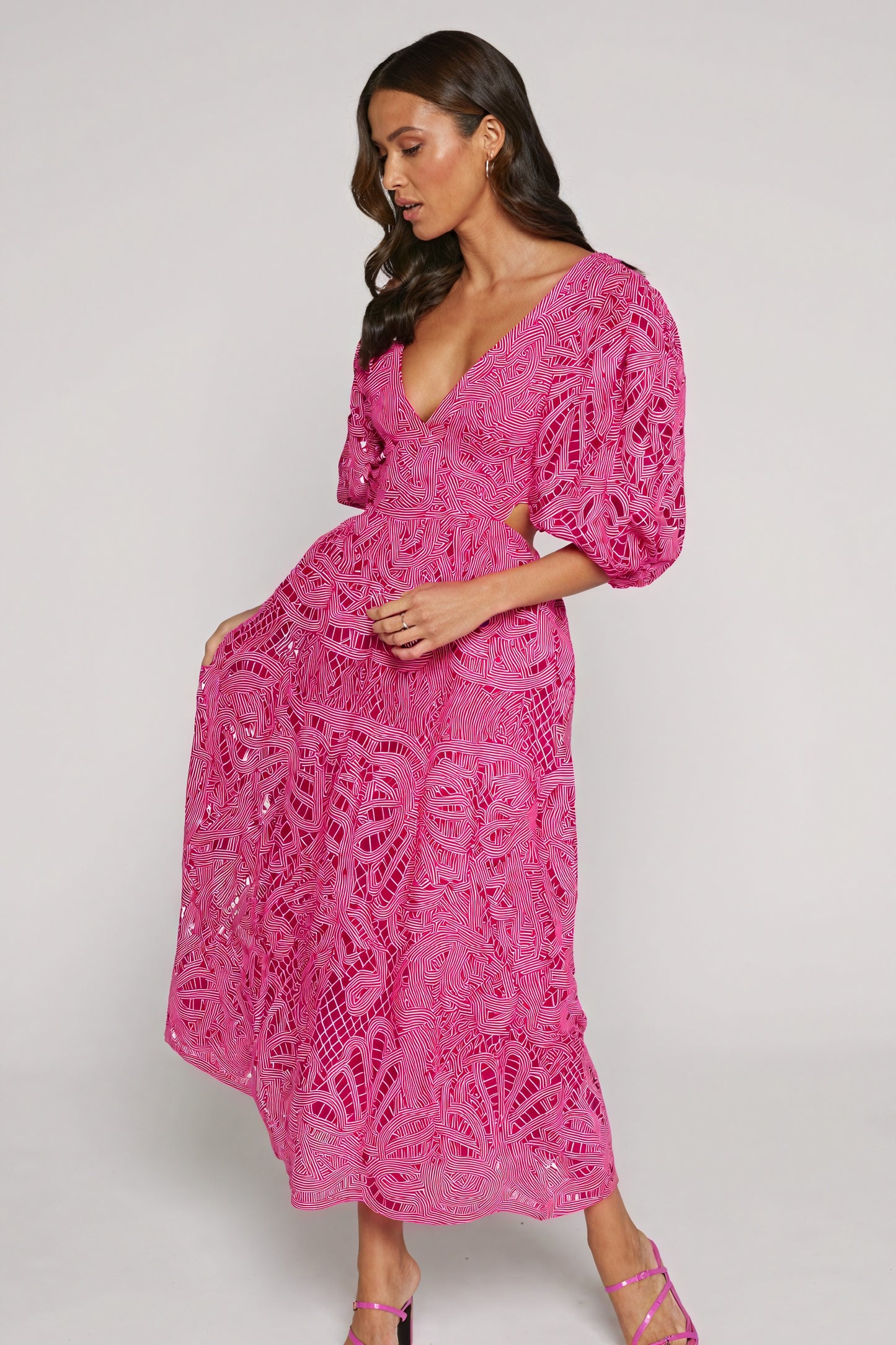 Women's Laser-Cut Lace Dress – Plunging V-Neck, Puffed Sleeves, Pink Yellow Blue-80926-79357e11-6e69-4488-ace6-dbd4c8974935