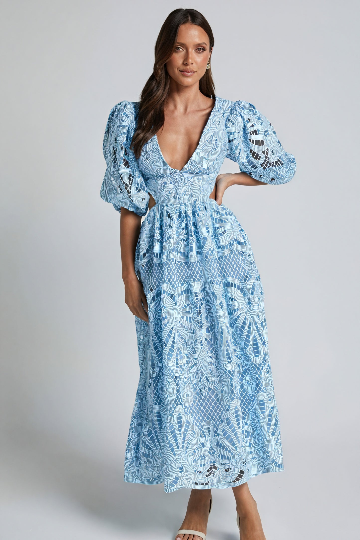 Women's Laser-Cut Lace Dress – Plunging V-Neck, Puffed Sleeves, Pink Yellow Blue-80926-2acb4052-63b4-402f-9097-ab4197384ad6