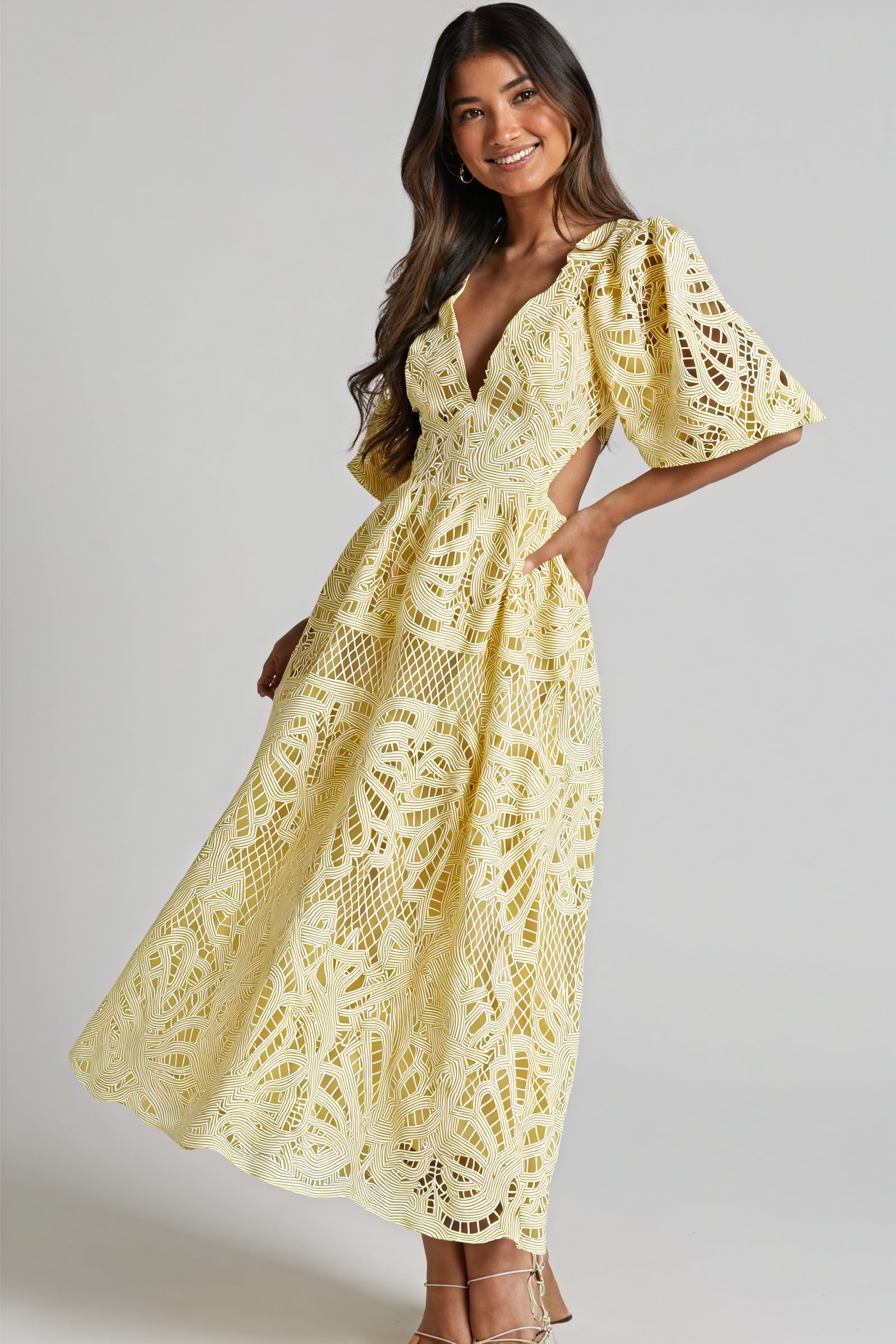 Women's Laser-Cut Lace Dress – Plunging V-Neck, Puffed Sleeves, Pink Yellow Blue-80926-95ea6ee2-8376-4ff0-9aae-a3987c5316af