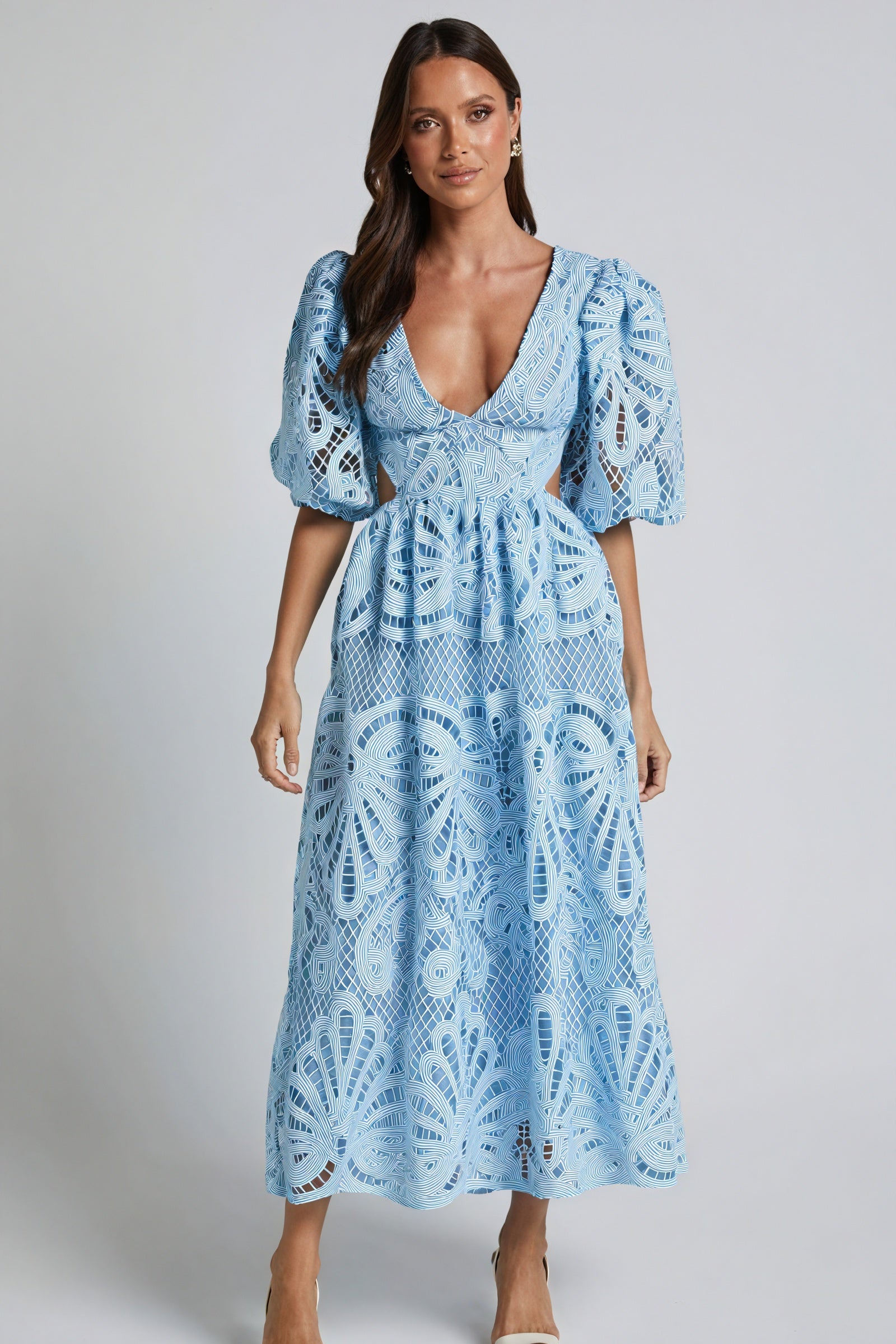 Women's Laser-Cut Lace Dress – Plunging V-Neck, Puffed Sleeves, Pink Yellow Blue-80926-abf33e8a-8e10-415d-b33e-98218c67fff4