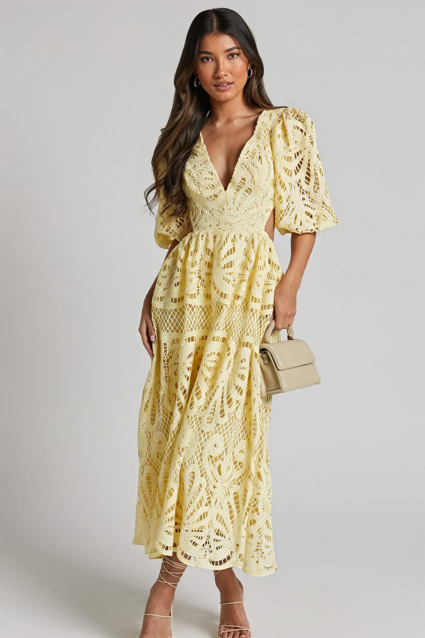 Women's Laser-Cut Lace Dress – Plunging V-Neck, Puffed Sleeves, Pink Yellow Blue-80926-13553e2d-b183-422d-884e-2f55b0eed52c