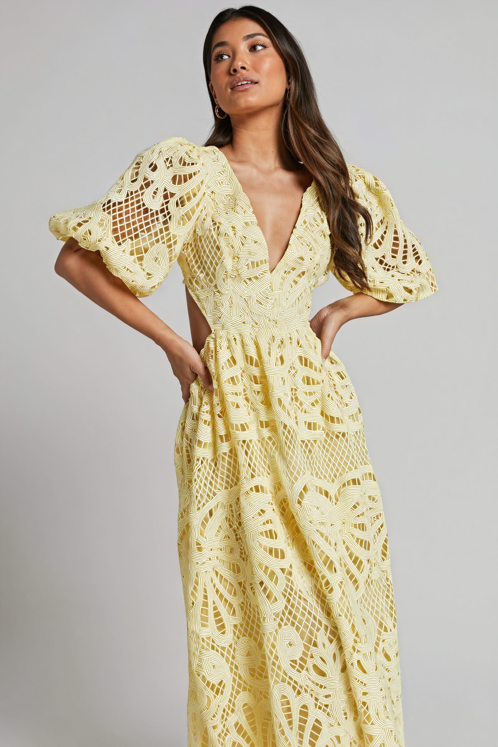 Women's Laser-Cut Lace Dress – Plunging V-Neck, Puffed Sleeves, Pink Yellow Blue-80926-cfe7193e-fa49-4c08-96ee-9b8117e42a93