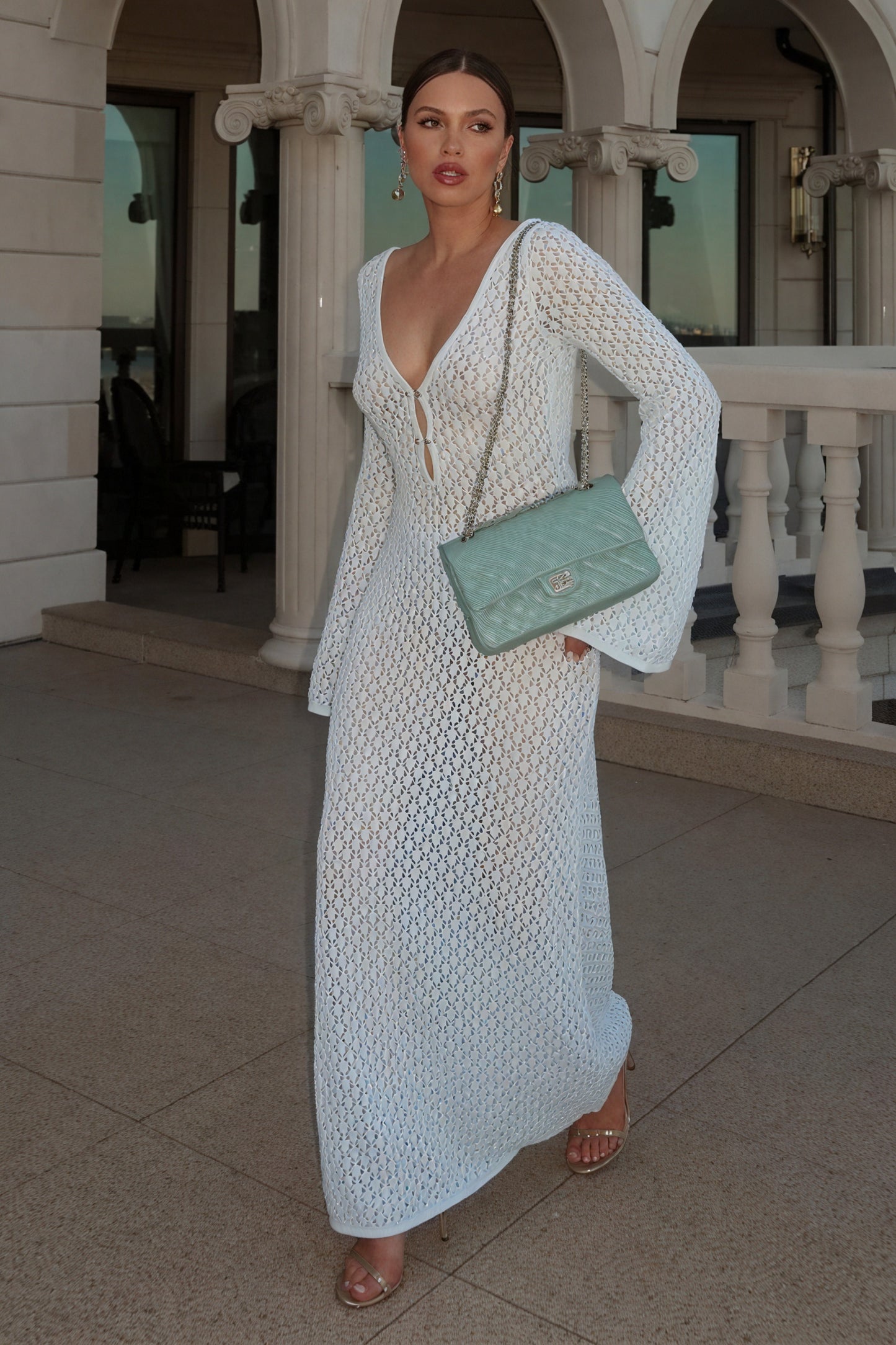 Women's White Knit Maxi Dress, Open-Knit V-Neck, Flared Sleeve-80934-59258f05-6986-402b-9c0a-a9608cba0a48