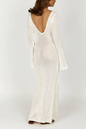 Women's White Knit Maxi Dress, Open-Knit V-Neck, Flared Sleeve-80934-b11da17a-caf2-45df-bc2d-cc41a5ec22b0