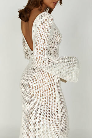 Women's White Knit Maxi Dress, Open-Knit V-Neck, Flared Sleeve-80934-e0c6d615-931b-4631-92a0-dcd4c7da792c