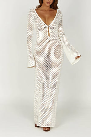 Women's White Knit Maxi Dress, Open-Knit V-Neck, Flared Sleeve-80934-40ea8cec-d07e-4b26-972e-082afb9741eb