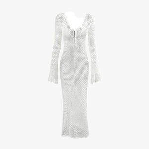 Women's White Knit Maxi Dress, Open-Knit V-Neck, Flared Sleeve-80934-2d170552-9a48-4519-ab89-dfb4abe7bbf8