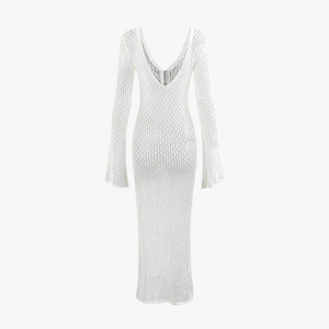 Women's White Knit Maxi Dress, Open-Knit V-Neck, Flared Sleeve-80934-f36c4099-ebb6-45d9-9c1a-55940f336733