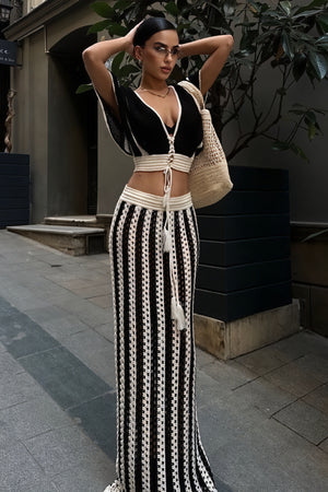 Women's Black Crochet Crop Top – Open-Weave, Contrasting Trim, Drawstring-80936-6589973e-b030-40e8-b0b0-cec8c2a96307