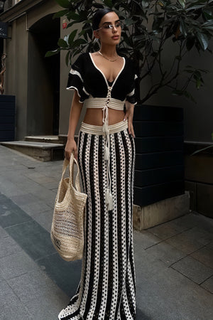 Women's Black Crochet Crop Top – Open-Weave, Contrasting Trim, Drawstring-80936-a75095ee-04ad-440e-895f-175494d1c254