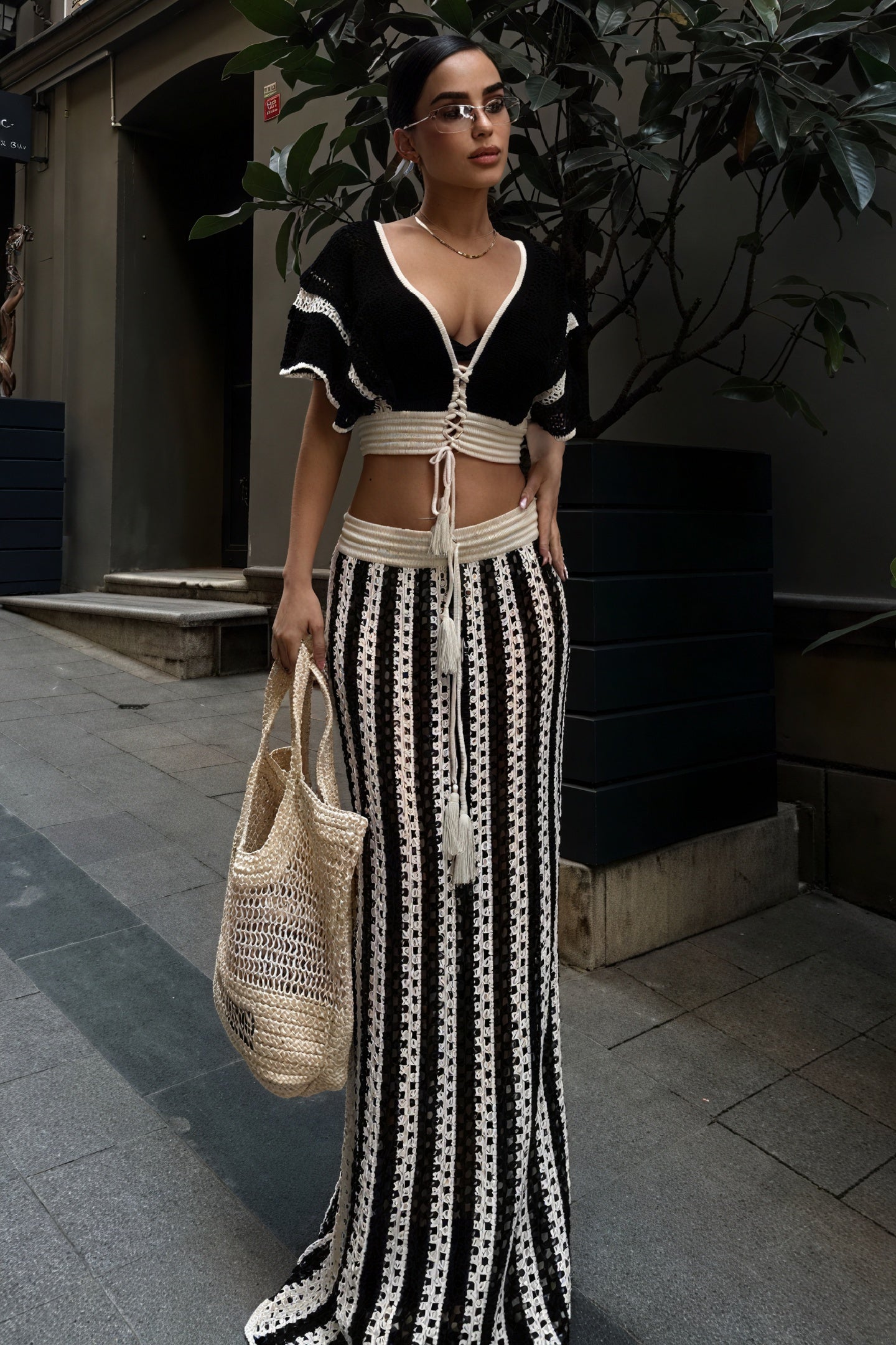 Women's Black Crochet Crop Top – Open-Weave, Contrasting Trim, Drawstring-80936-a75095ee-04ad-440e-895f-175494d1c254