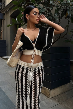 Women's Black Crochet Crop Top – Open-Weave, Contrasting Trim, Drawstring-80936-10929f6a-adbd-4c88-8c64-bd870f28449e