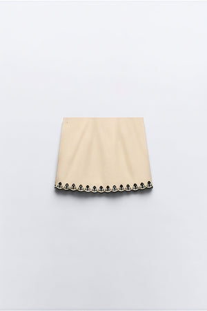 Women's Cream Halter Neck Crop Top – Black Floral Embroidery, Scalloped Hem, Cotton Blend-80942-d05d5cb4-f708-4746-b486-512692568ca7