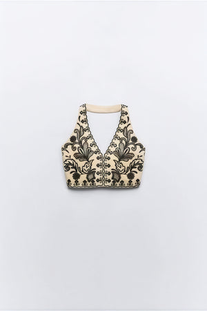 Women's Cream Halter Neck Crop Top – Black Floral Embroidery, Scalloped Hem, Cotton Blend-80942-eb9a88cb-5b8b-4115-a76c-64d6878f942c