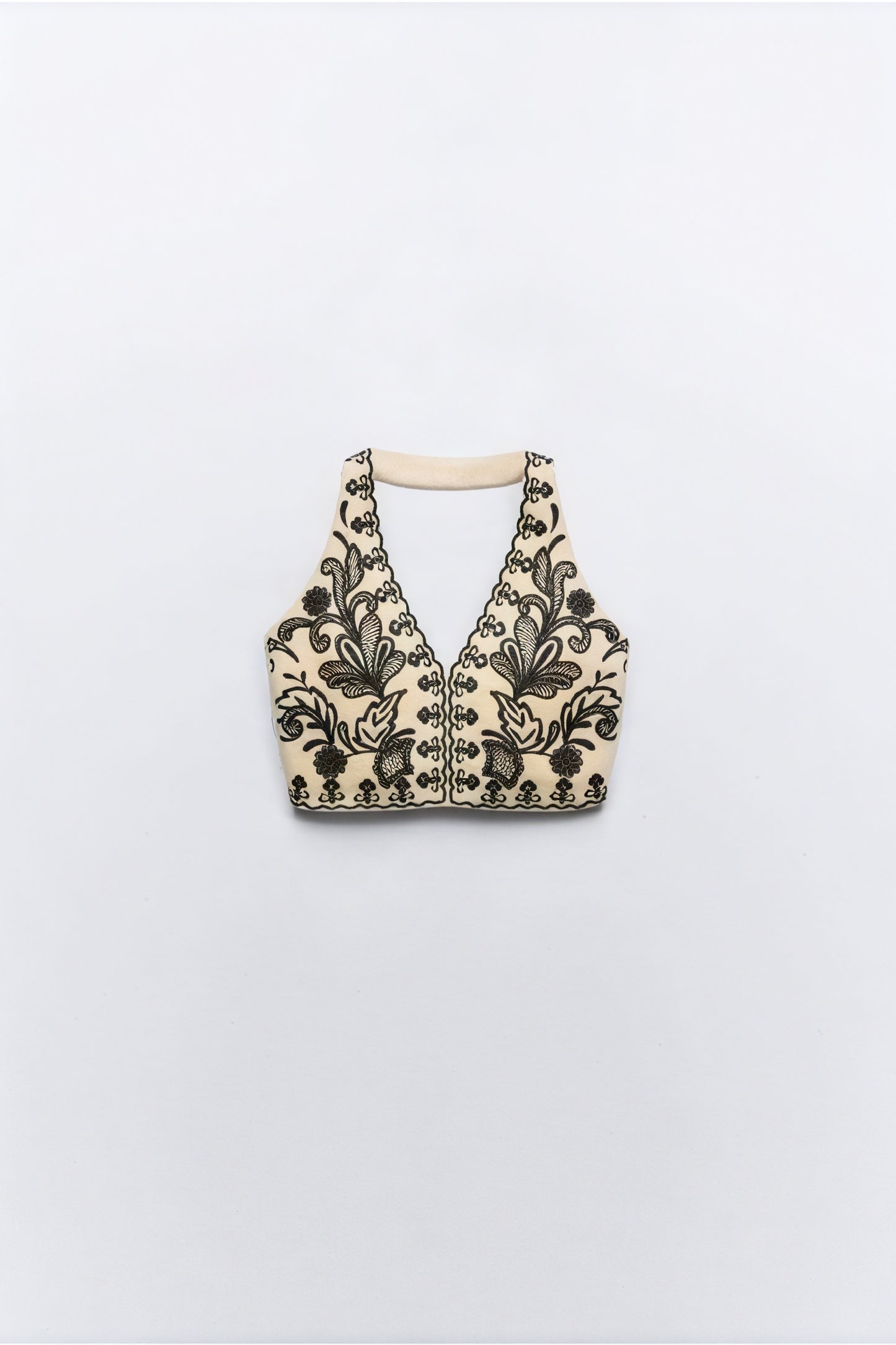 Women's Cream Halter Neck Crop Top – Black Floral Embroidery, Scalloped Hem, Cotton Blend-80942-eb9a88cb-5b8b-4115-a76c-64d6878f942c