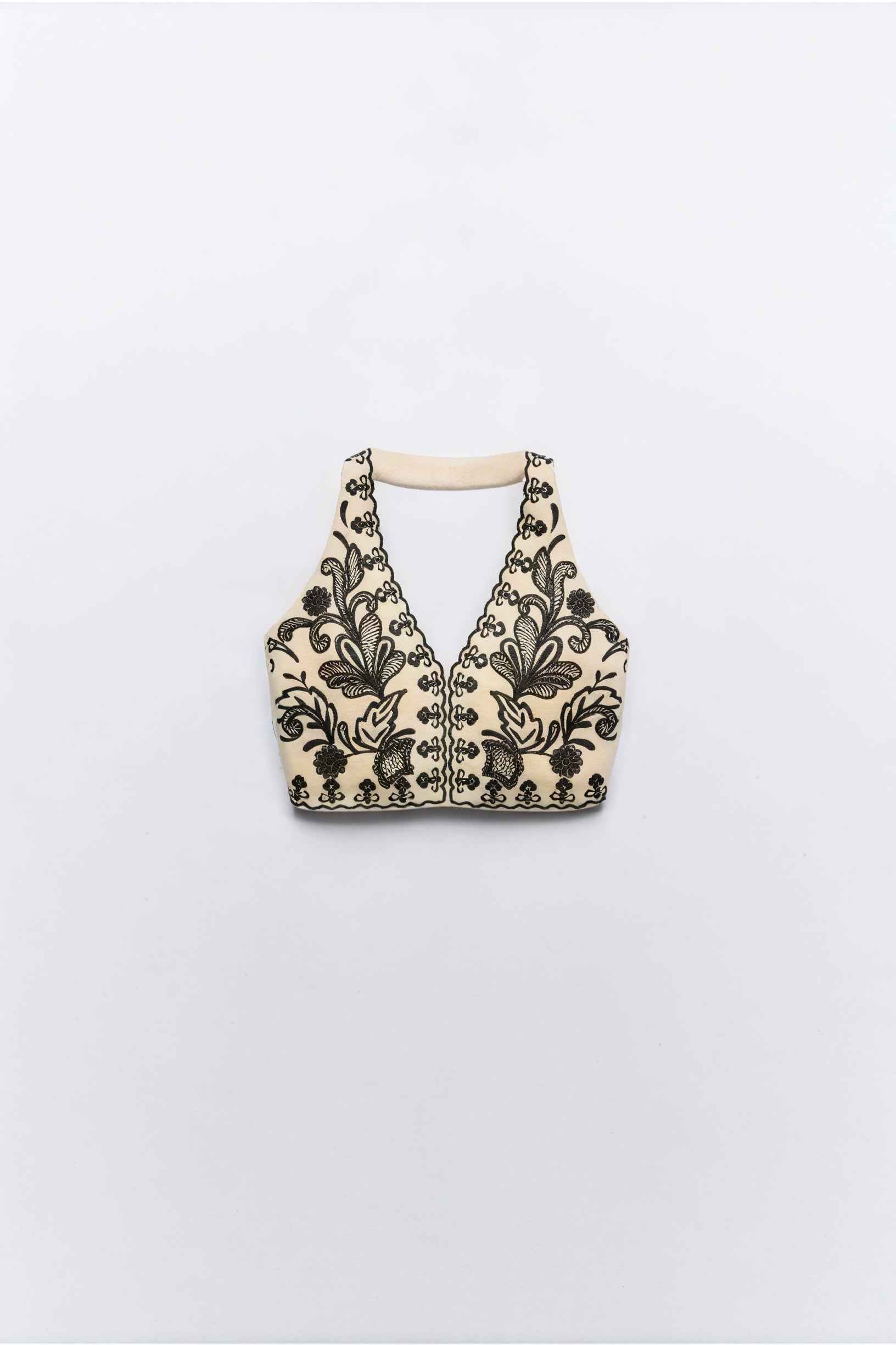 Women's Cream Halter Neck Crop Top – Black Floral Embroidery, Scalloped Hem, Cotton Blend-80942-eb9a88cb-5b8b-4115-a76c-64d6878f942c