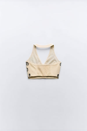 Women's Cream Halter Neck Crop Top – Black Floral Embroidery, Scalloped Hem, Cotton Blend-80942-bb4c63c6-1b92-469b-917a-9079dc24a473