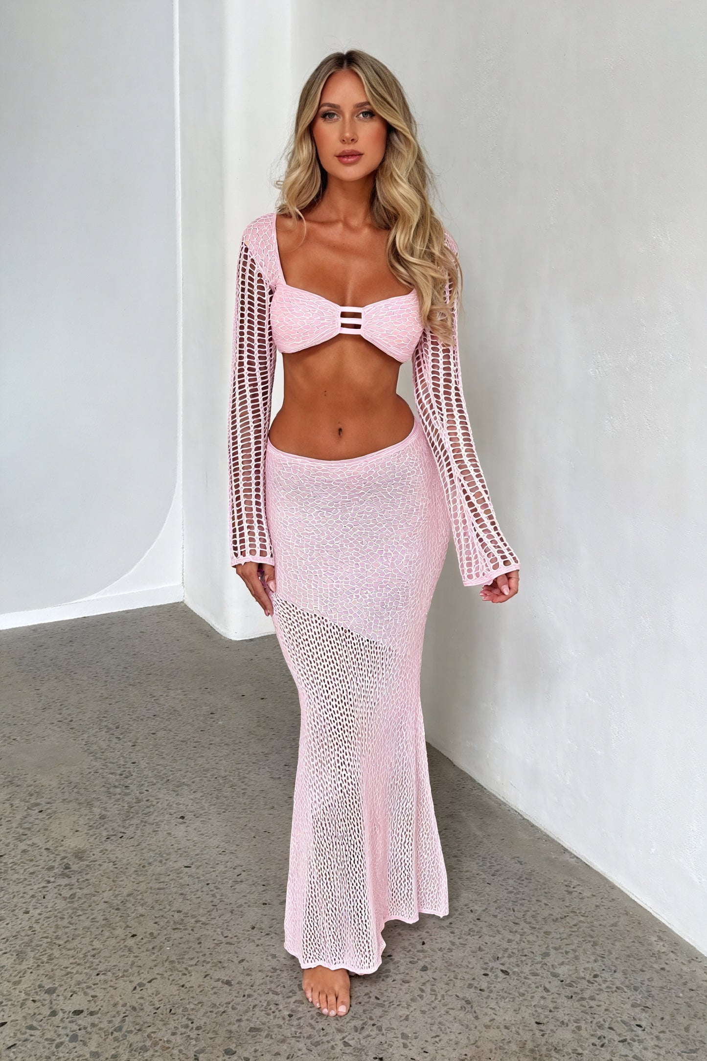Women's Pink Knit Crochet Crop Top & Maxi Skirt Set, Asymmetric Hem-80946-63e0f514-e990-40e0-8cef-2c362a7c14eb