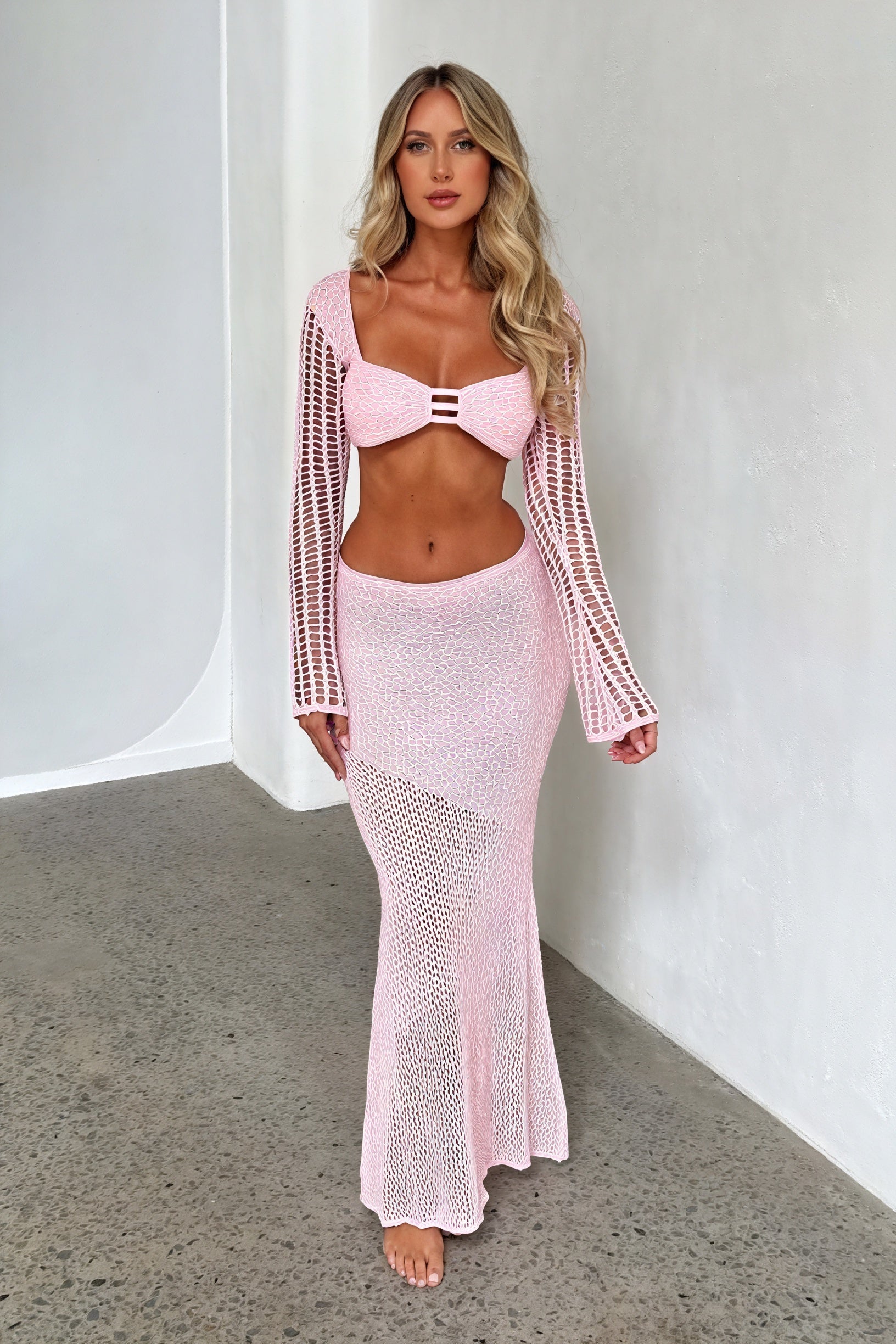 Women's Pink Knit Crochet Crop Top & Maxi Skirt Set, Asymmetric Hem-80946-63e0f514-e990-40e0-8cef-2c362a7c14eb