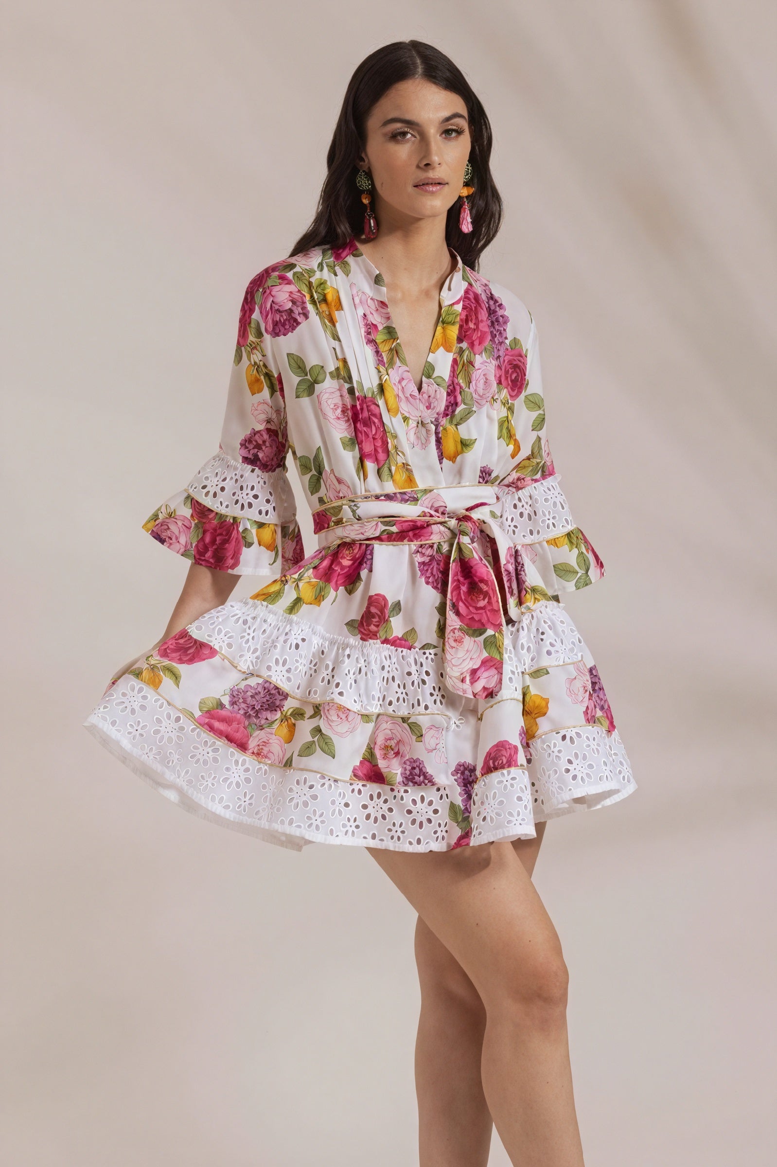 Women's White Floral Wrap Dress - Cotton, Ruffled Skirt, Eyelet Lace Trim, Bohemian Style-80949-4a26db21-4668-47c4-b1e9-15c4bedace1a