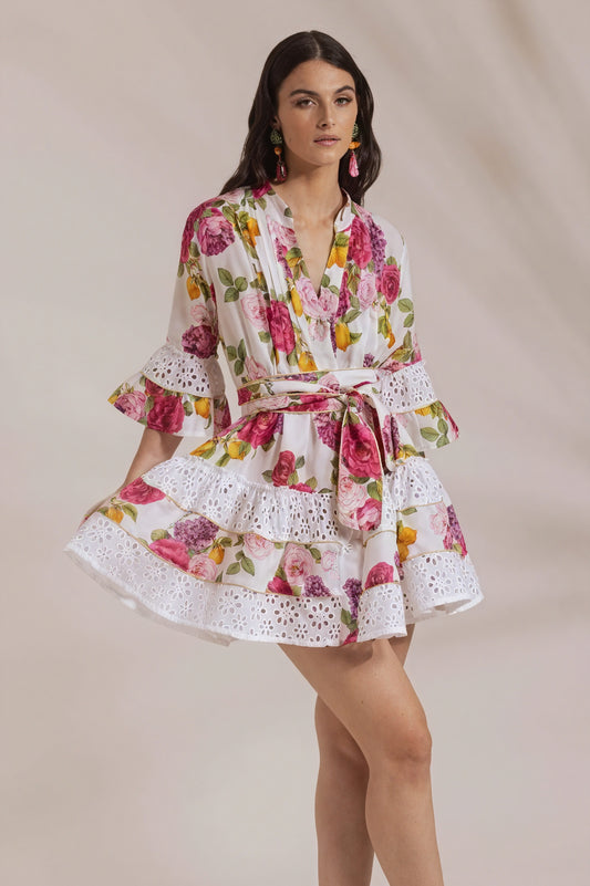 Women's White Floral Wrap Dress - Cotton, Ruffled Skirt, Eyelet Lace Trim, Bohemian Style-80949-4a26db21-4668-47c4-b1e9-15c4bedace1a