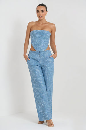 Women's Sequin Two-Piece Suit – Strapless Cutout Top, High-Waisted Wide-Leg Trousers, Black/Blue-80950-6a809bd6-2d66-4d1d-aeb5-ede6197850c0
