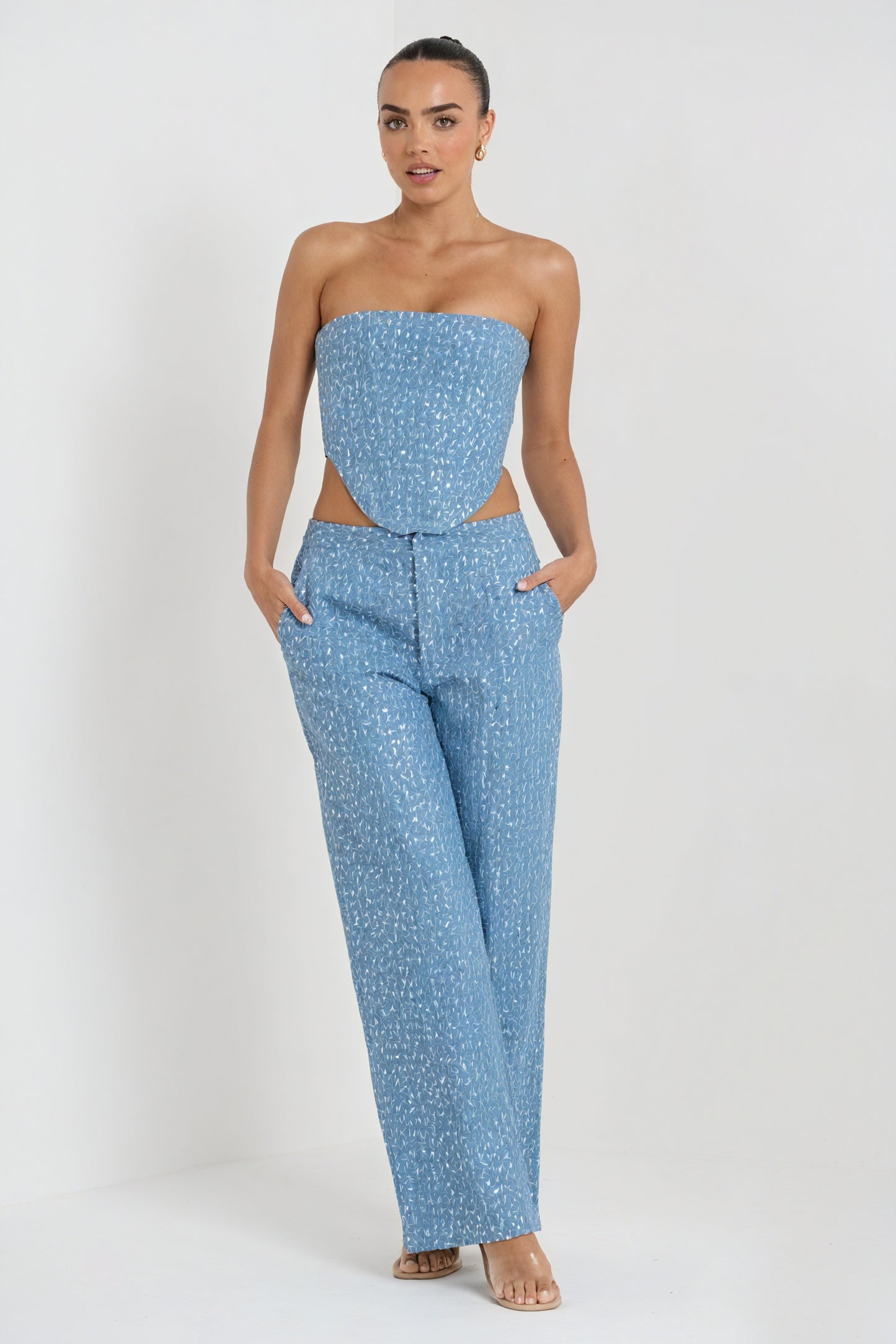 Women's Sequin Two-Piece Suit – Strapless Cutout Top, High-Waisted Wide-Leg Trousers, Black/Blue-80950-6a809bd6-2d66-4d1d-aeb5-ede6197850c0