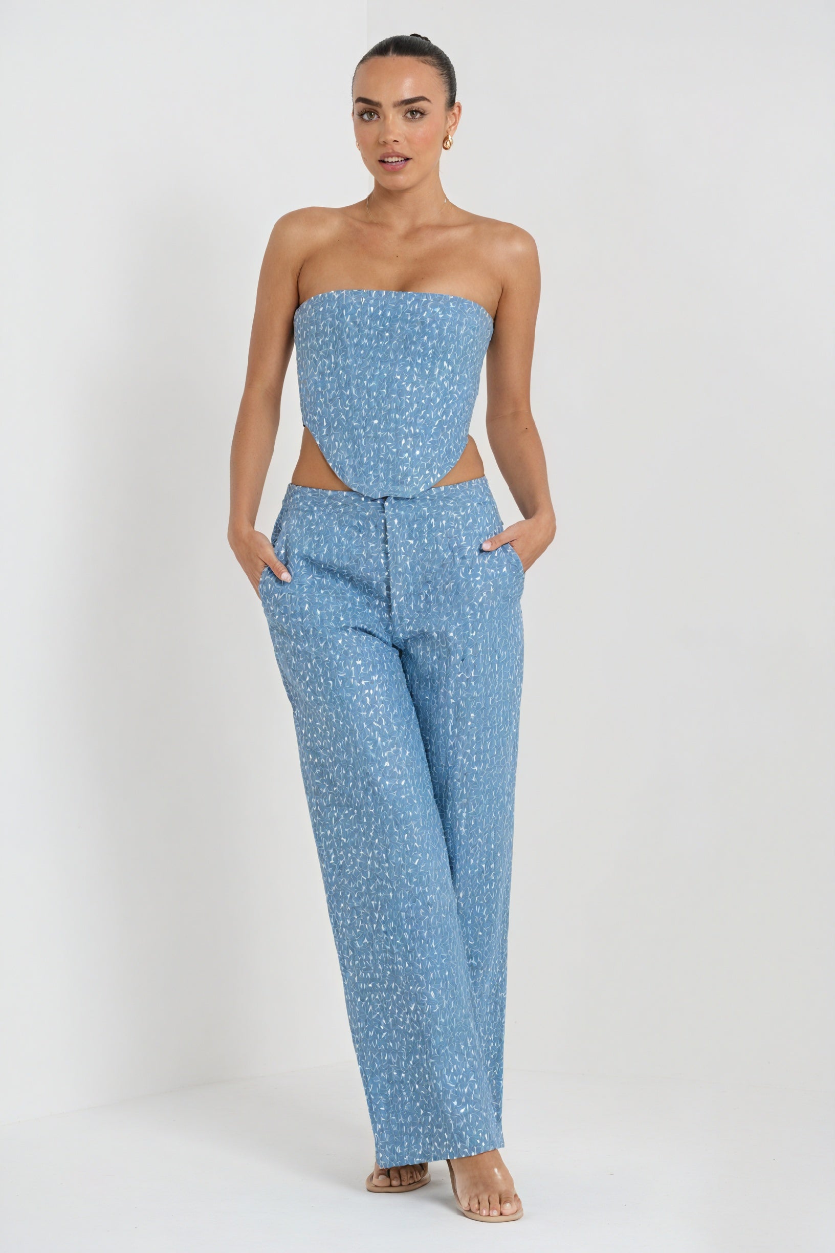 Women's Sequin Two-Piece Suit – Strapless Cutout Top, High-Waisted Wide-Leg Trousers, Black/Blue-80950-6a809bd6-2d66-4d1d-aeb5-ede6197850c0