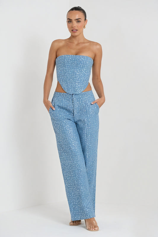 Women's Sequin Two-Piece Suit – Strapless Cutout Top, High-Waisted Wide-Leg Trousers, Black/Blue-80950-6a809bd6-2d66-4d1d-aeb5-ede6197850c0